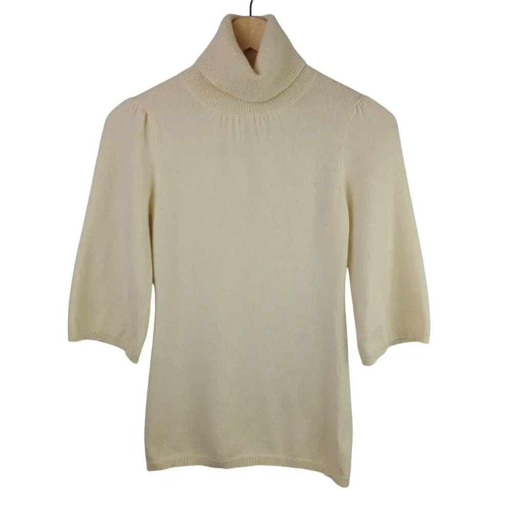 Beth Bowley Women's SZ S 100% Cashmere Turtleneck 3/4 Sleeve Sweater Ivory